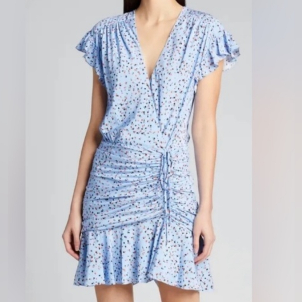 Veronica Beard Sky Blue Floral V-Neck Ruched Mini Dress